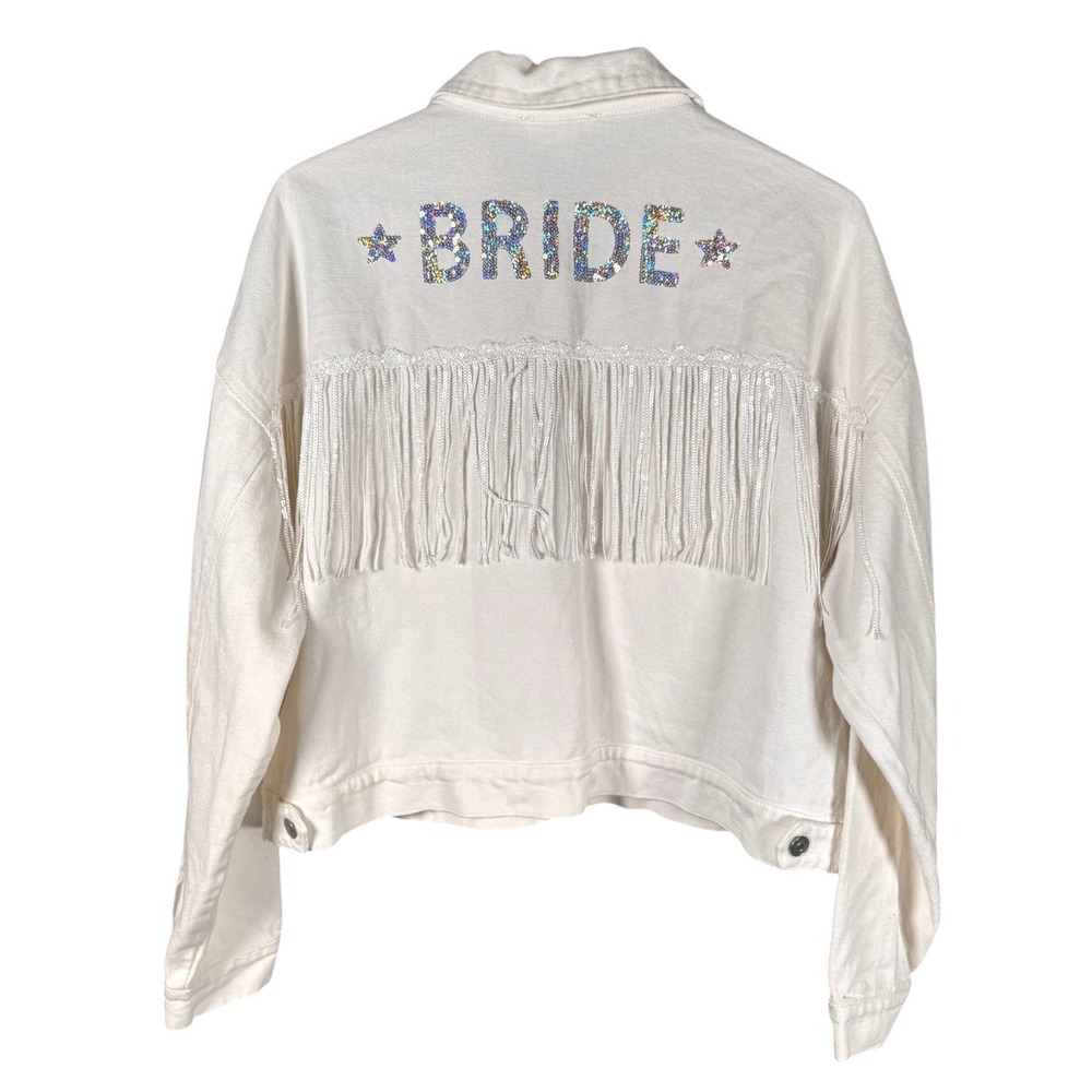 Peach Love California Bride Denim Jacket Womens L White Sequin Fringe Cropped